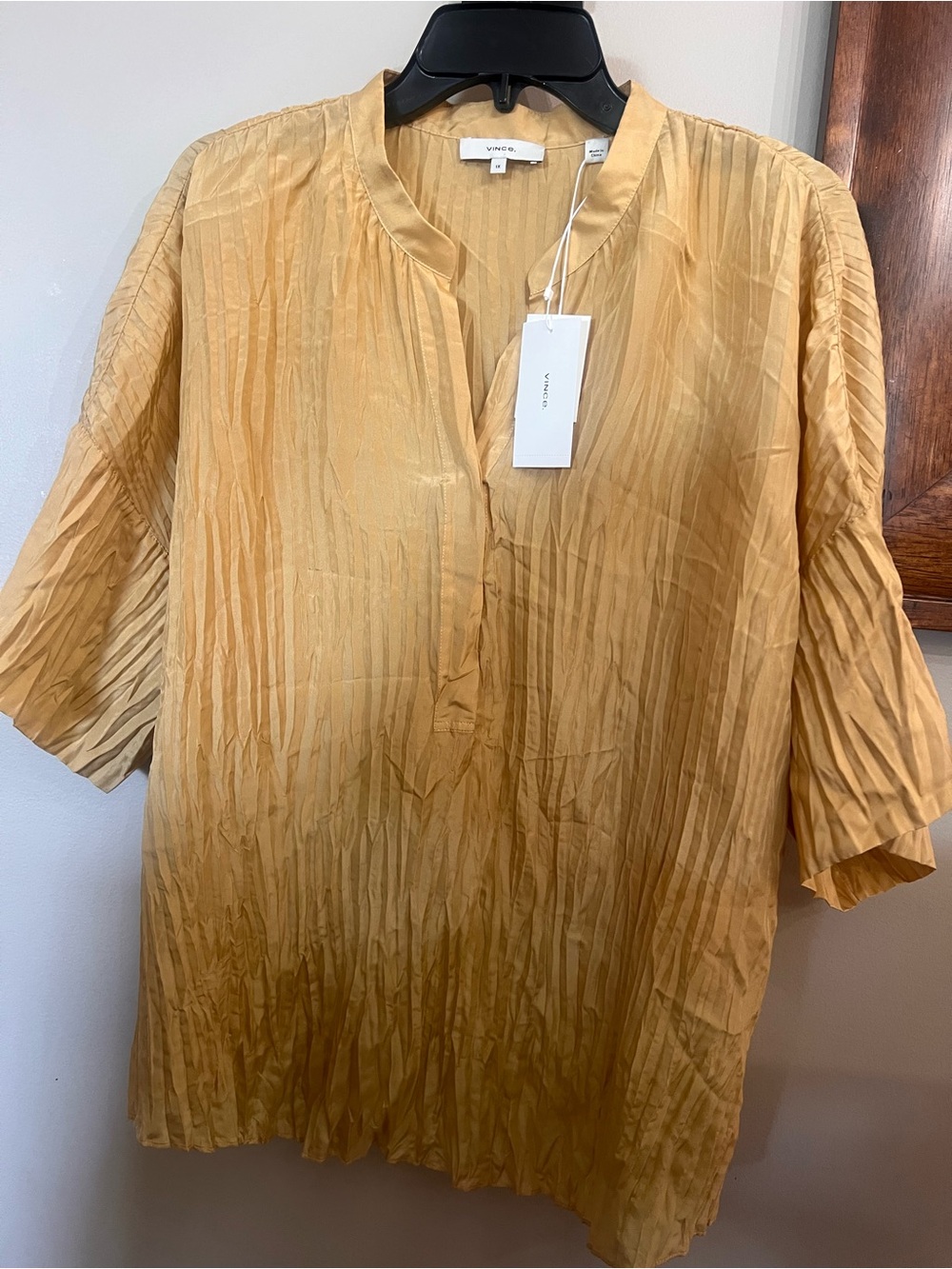 Vince Golden Mustard Pleated Tunic Blouse